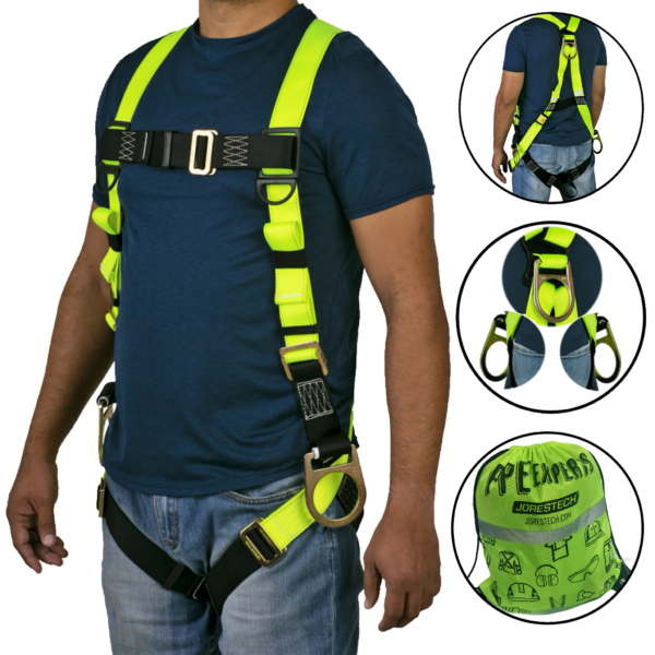 Vista frontal del torso de una persona que lleva el arnés de seguridad JORESTECH 3D para protección contra caídas, en color amarillo de alta visibilidad y negro. También muestra la vista trasera de la misma persona usando el arnés con 3 anillos D, un primer plano de cada anillo D y la bolsa de transporte de color lima de alta visibilidad que se incluye para llevar el arnés