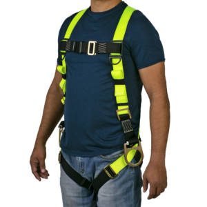 Vista frontal del torso de una persona que lleva el arnés de seguridad corporal JORESTECH de protección contra caídas 3D en amarillo de alta visibilidad y negro sobre fondo blanco
