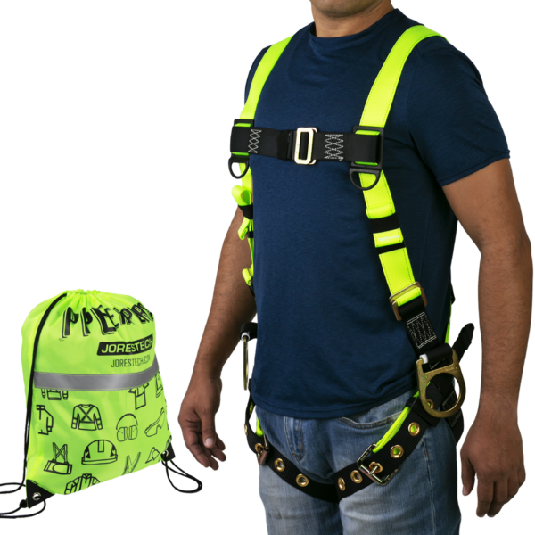 Vista frontal del torso de una persona que lleva el arnés de seguridad para protección contra caídas 3D JORESTECH en amarillo alta visibilidad y negro con ojales. También muestra la bolsa de cuerda de alta visibilidad que se incluye con el arnés