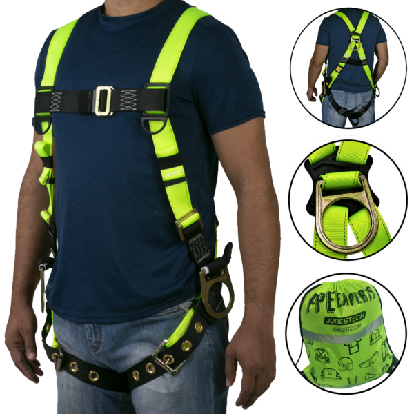Torso de una persona que lleva el arnés de seguridad corporal JORESTECH 3D para protección contra caídas con ojales. También muestra la vista trasera de la misma persona usando el arnés con 3 anillos en D, un primer plano de cada anillo en D y la bolsa de transporte verde lima de alta visibilidad que se incluye para llevar el arnés