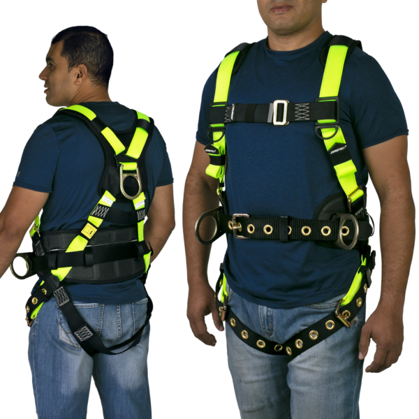 Vista frontal y trasera de una persona que lleva el arnés corporal de seguridad anticaídas 3D JORESTECH en amarillo de alta visibilidad y negro con ojales y acolchado de soporte en la espalda