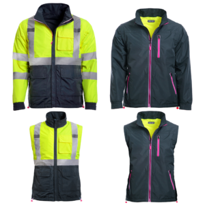 Se muestran 4 estilos diferentes: 1 una chaqueta de seguridad JORESTECH amarilla reflectante. 2 un chaleco de seguridad amarillo reflectante. 3 una chaqueta no reflectante con detalles en gris oscuro y rosa. 4 un chaleco no reflectante con detalles en gris oscuro y rosa.