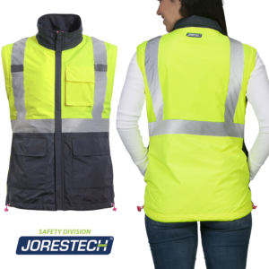 vista trasera de una mujer que lleva el chaleco reflectante de la chaqueta cortavientos de seguridad reflectante alta visibilidad 4 en 1
