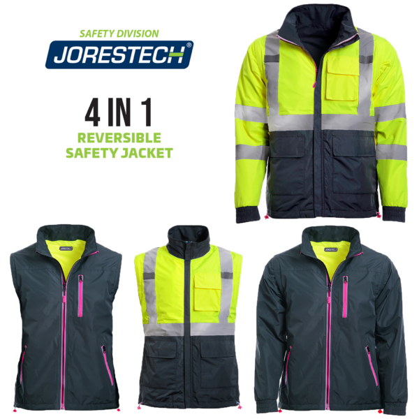 La chaqueta de seguridad reversible de alta visibilidad 4 en 1 en amarillo y rosa con mangas desmontables. Muestra vistas de la chaqueta que incluyen: la chaqueta reflectante. Un chaleco reflectante. Un lado no reflectante como chaleco. Una chaqueta no reflectante. El texto dice chaqueta y chaleco de seguridad reversible 4 en 1.