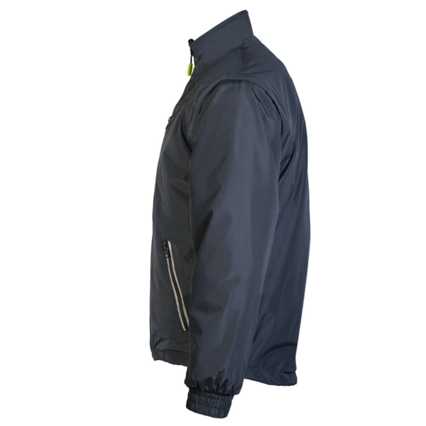 Vista lateral de la chaqueta de seguridad JORESTECH reversible de alta visibilidad 4 en 1 con mangas desmontables. Muestra el lado gris oscuro no reflectante de la chaqueta