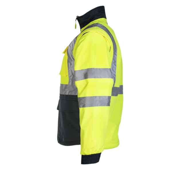 Vista lateral de la chaqueta de seguridad JORESTECH reversible 4 en 1 de alta visibilidad amarilla con mangas desmontables