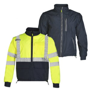 Mostrar la chaqueta de seguridad reversible vista por el lado reflectante y por el lado no reflectante