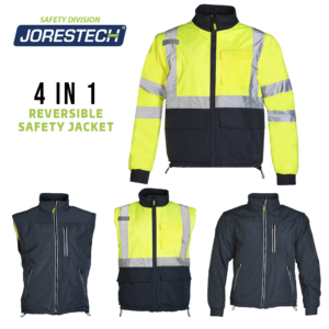 La chaqueta de seguridad reversible de alta visibilidad 4 en 1 con mangas extraíbles. Muestra vistas de la chaqueta: la chaqueta reflectante. Un chaleco reflectante. Un lado no reflectante como chaleco. Una chaqueta no reflectante. El texto dice chaqueta y chaleco de seguridad reversible 4 en 1.