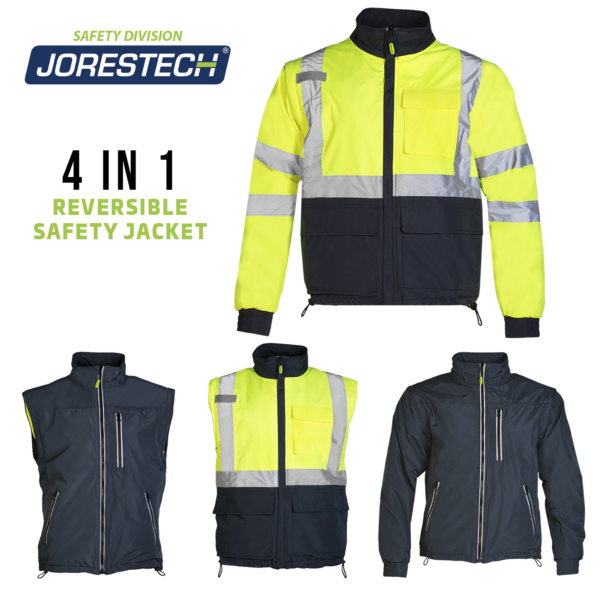 La chaqueta de seguridad reversible de alta visibilidad 4 en 1 con mangas extraíbles. Muestra vistas de la chaqueta: la chaqueta reflectante. Un chaleco reflectante. Un lado no reflectante como chaleco. Una chaqueta no reflectante. El texto dice chaqueta y chaleco de seguridad reversible 4 en 1.