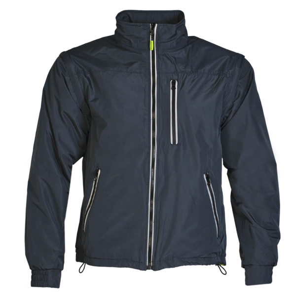 Vista frontal de la chaqueta de seguridad JORESTECH reversible de alta visibilidad 4 en 1 con mangas desmontables. Muestra el lado gris de la chaqueta sin cintas reflectantes