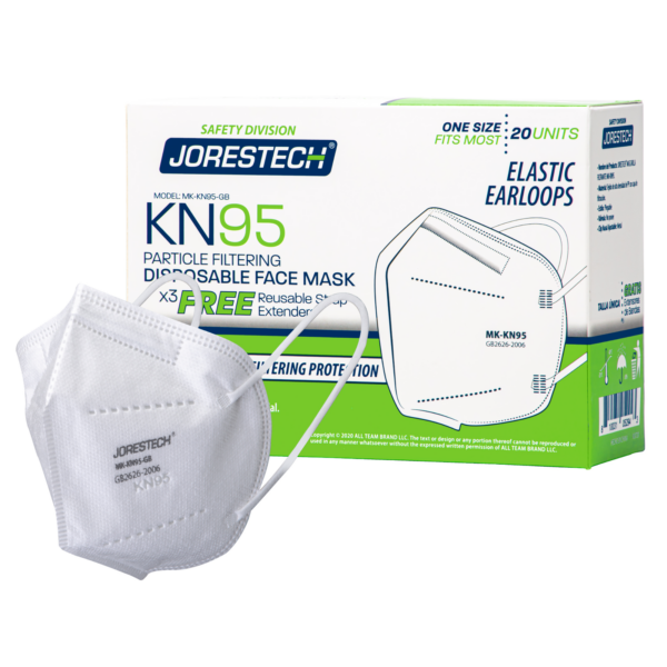 Una caja verde, azul y blanca de 20 mascarillas faciales desechables KN95-GB de 4 capas