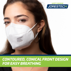 Mujer que lleva una mascarilla de seguridad y un icono con un texto que dice: diseño ergonómico. Diseño frontal cónico contorneado para facilitar la respiración