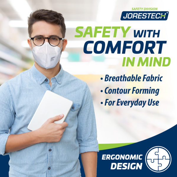 Un hombre con gafas usando una mascarilla de seguridad JORESTECH de 4 capas. El texto dice: seguridad con comodidad en mente. Tejido transpirable. Diseño ergonómico contorneado para uso diario.