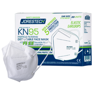 Una caja azul, verde y blanca de 20 mascarillas desechables KN95