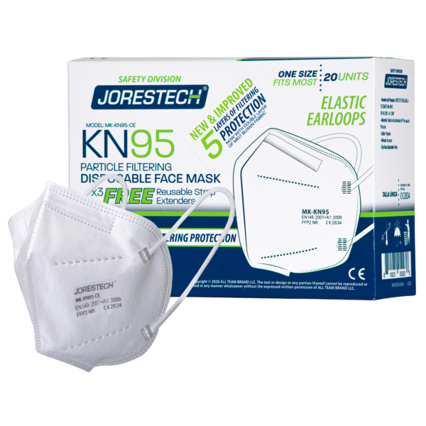 Una caja azul, verde y blanca de 20 mascarillas desechables KN95