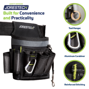 Bolsa para cinturón de herramientas JORESTECH de 6 bolsillos en negro y gris, colocada en el lado izquierdo. El título dice: diseñada para la comodidad y la practicidad. 3 primeros planos a la derecha muestran: el colgador para herramientas, el mosquetón de aluminio y el refuerzo en color lima de alta visibilidad que sobresale
