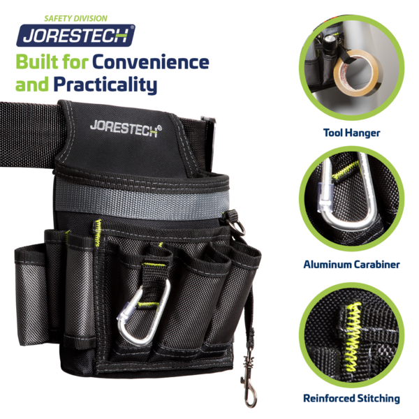 Bolsa para cinturón de herramientas JORESTECH de 6 bolsillos en negro y gris, colocada en el lado izquierdo. El título dice: diseñada para la comodidad y la practicidad. 3 primeros planos a la derecha muestran: el colgador para herramientas, el mosquetón de aluminio y el refuerzo en color lima de alta visibilidad que sobresale