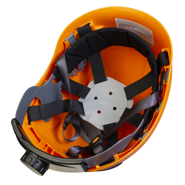 Un casco de seguridad naranja JORESTECH 03 con un arnés de suspensión de 6 puntos instalado