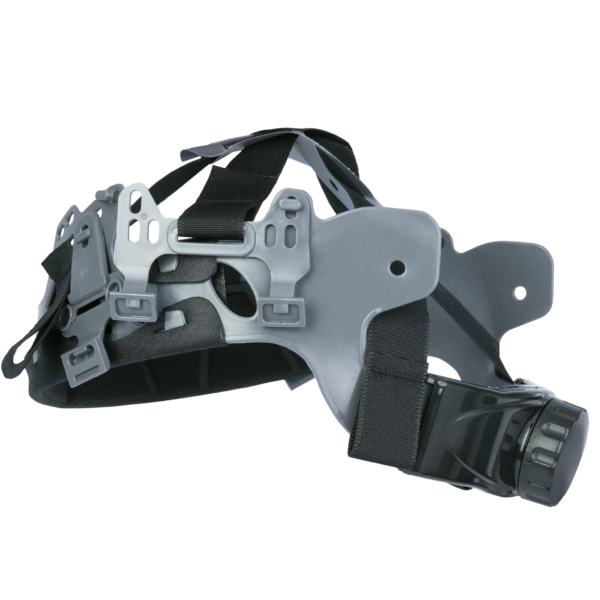 Vista lateral del sistema de reemplazo de suspensión de trinquete de 6 puntos en gris y negro para el casco de seguridad JORESTECH 03