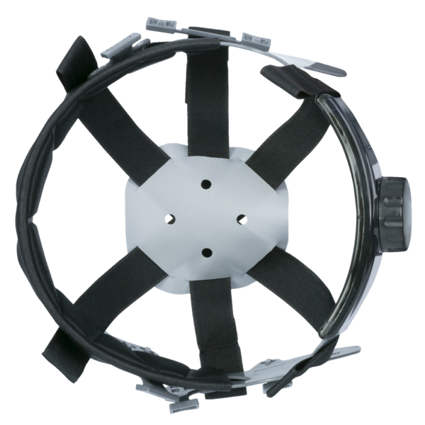 Vista superior del sistema de reemplazo de suspensión de trinquete de 6 puntos en gris y negro para casco de seguridad JORESTECH 03 y 04