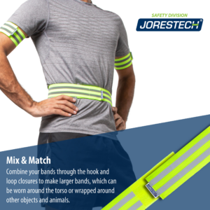 Una persona que lleva las bandas reflectantes de alta visibilidad JORESTECH® en la cintura y los brazos. El texto dice: Mezcla y combina. Une tus bandas mediante el cierre de gancho y bucle para crear bandas más grandes, que pueden llevarse alrededor del torso o envolverse alrededor de otros objetos y animales.