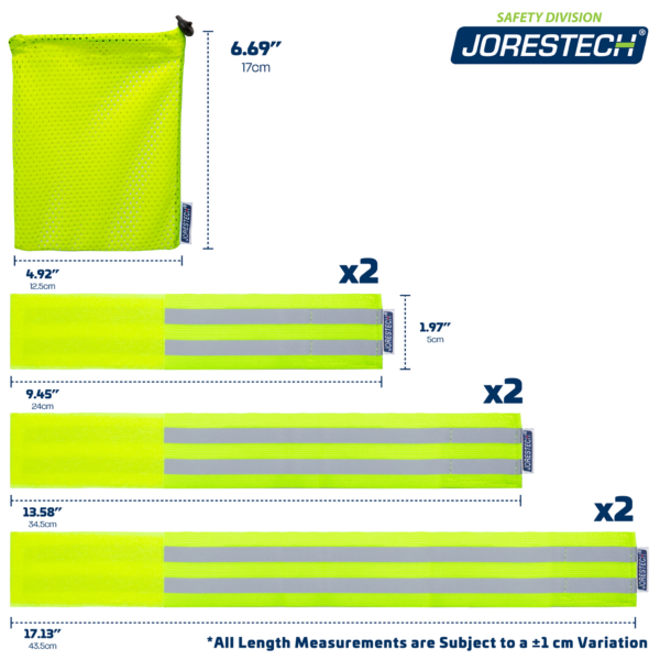 Muestra las medidas de las bandas. 9.4", 13.5" y 17.1". La bolsa de malla compacta mide 4.9" x 6.6". Las bandas están sujetas a ciertas variaciones (1+-).
