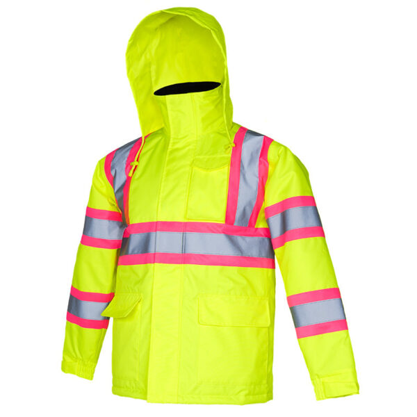 Chaqueta de seguridad bicolor de alta visibilidad con franjas reflectantes y contraste rosa de JORESTECH