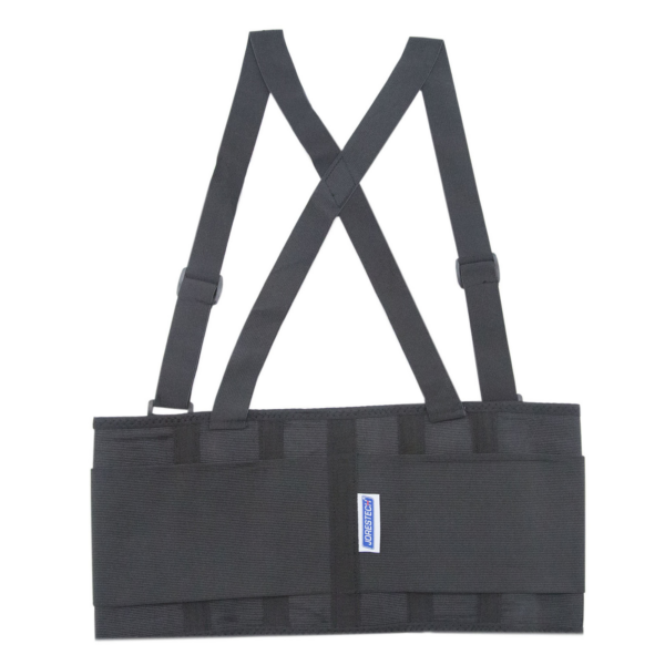 Vista trasera de la faja de soporte lumbar ajustable negra con tirantes para protección lumbar