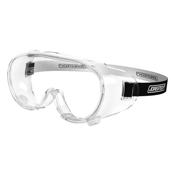 Vista diagonal de las gafas de seguridad ventiladas antivaho para protección ocular de alto impacto con banda elástica para la cabeza