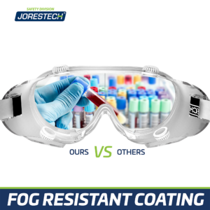 Presenta 2 lados de las gafas para hacer una comparación de las gafas antiempañantes JORESTECH frente a otras sin recubrimiento antiempañante. El lado de JORESTECH es nítido y claro. El lado de “Otras” está empañado y borroso. El texto dice: Las nuestras vs Otras. Recubrimiento resistente al empañamiento