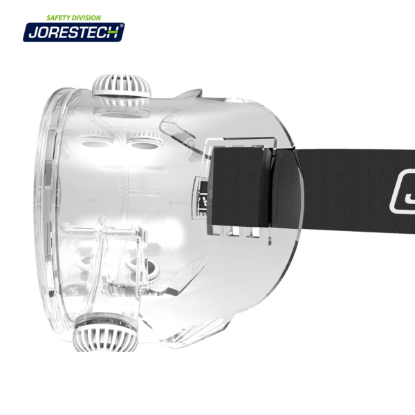 Vista lateral de las gafas de seguridad ventiladas antivaho con certificación ANSI Z87+