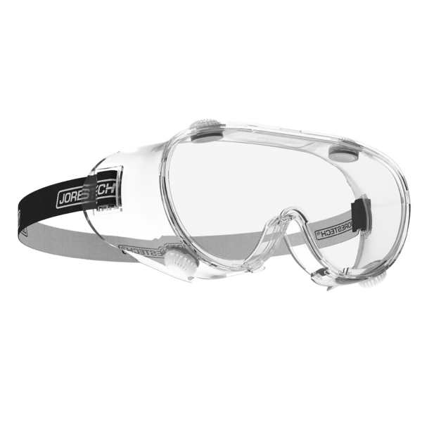 Vista diagonal de unas gafas de seguridad ventiladas antiniebla JORESTECH para protección de alto impacto sobre fondo blanco