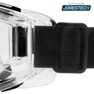 Primer plano de la sujeción de la banda elástica ajustable en tamaño a las gafas.