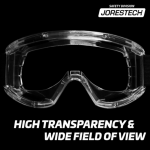 Vista frontal de unas gafas de seguridad ventiladas JORESTECH antivaho para protección de alto impacto sobre fondo negro. El texto en letras blancas dice: alta transparencia y amplio campo de visión