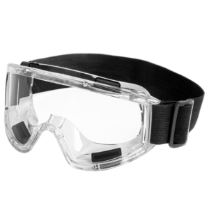 Vista diagonal de unas gafas de seguridad ventiladas antiempañantes JORESTECH para protección contra alto impacto sobre fondo blanco