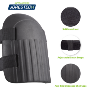 Primer plano de las rodilleras de espuma antideslizantes JORESTECH® y de 3 llamadas que describen: forro interior suave, correa elástica ajustable y capuchones de carcasa gofrados antideslizantes. Imagen de la rodillera de espuma y sus partes