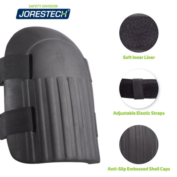 Primer plano de las rodilleras de espuma antideslizantes JORESTECH® y de 3 llamadas que describen: forro interior suave, correa elástica ajustable y capuchones de carcasa gofrados antideslizantes. Imagen de la rodillera de espuma y sus partes