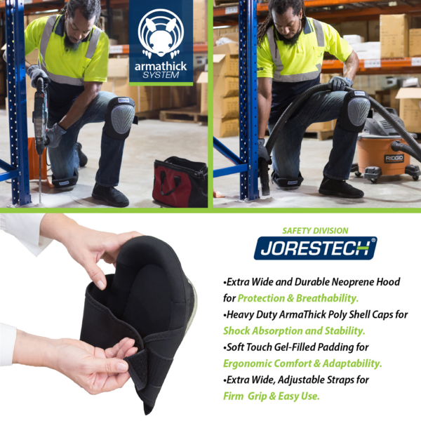Banner dividido en 3. Las 2 partes superiores muestran a trabajadores arrodillados en el suelo con las rodilleras de protección. La parte inferior muestra la rodillera y el texto: Capucha de neopreno extra ancha y duradera para protección y transpirabilidad. Capuchones de carcasa de policarbonato arma-thick de alta resistencia para absorción de impactos y estabilidad. Acolchado suave relleno de gel para comodidad ergonómica. Correas extra anchas y ajustables