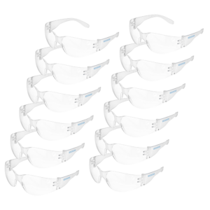 Un juego de 12 gafas transparentes antivaho JORESTECH para protección de alto impacto sobre fondo blanco