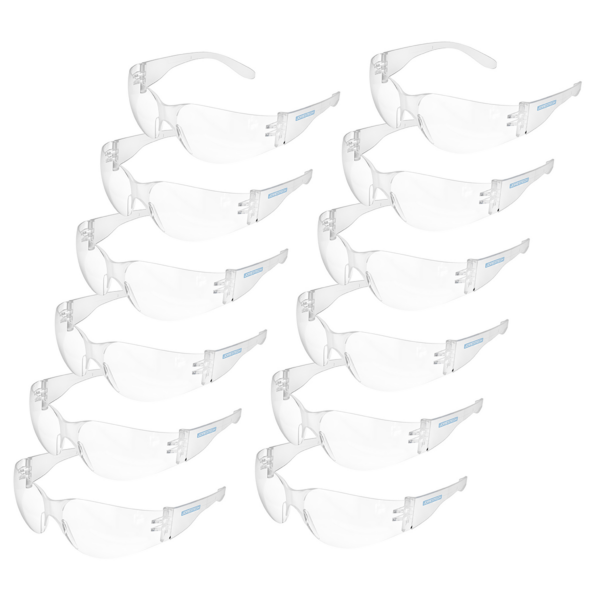 Un juego de 12 gafas transparentes antivaho JORESTECH para protección de alto impacto sobre fondo blanco