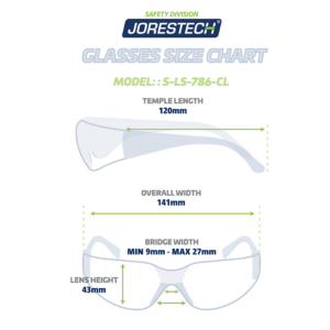 Diagrama que muestra las medidas de las gafas de seguridad antiniebla JORESTECH 786-Cl. El texto dice: longitud de las patillas 120 mm, ancho total 141 mm, altura de la lente 43 mm y ancho del puente máximo y mínimo 27 mm y 9 mm