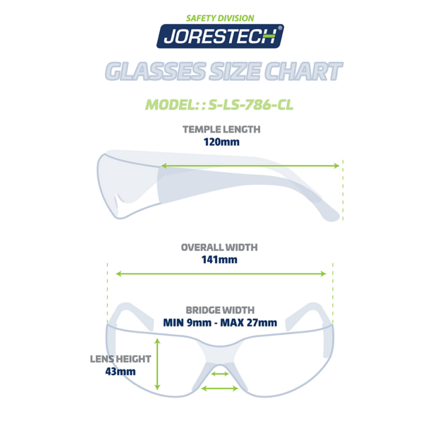 Diagrama que muestra las medidas de las gafas de seguridad antiniebla JORESTECH 786-Cl. El texto dice: longitud de las patillas 120 mm, ancho total 141 mm, altura de la lente 43 mm y ancho del puente máximo y mínimo 27 mm y 9 mm