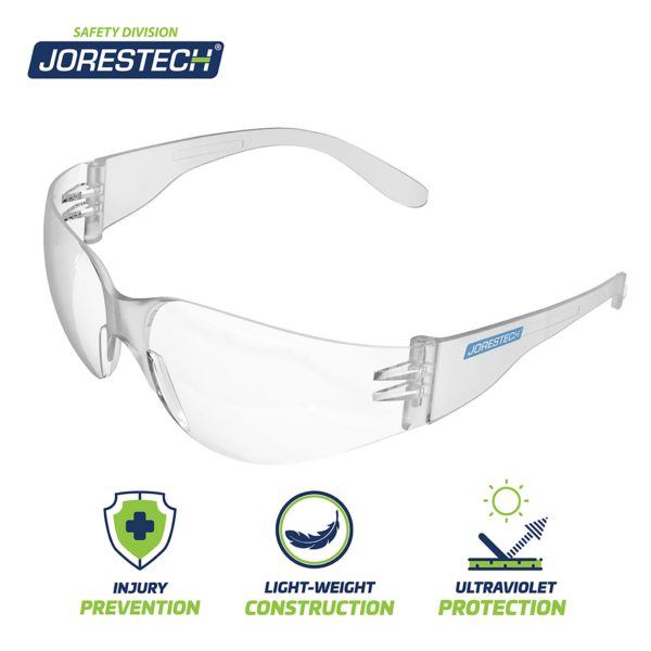 Unas gafas JORESTECH transparentes de alto impacto y 3 iconos azul y verde brillante. Los iconos dicen: prevención de lesiones, construcción ligera y protección ultravioleta