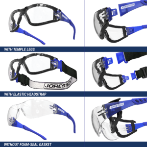 Muestra 3 formas en que estas gafas de seguridad de alto impacto JORESTECH pueden usarse: con patillas, con banda elástica para la cabeza y sin junta de sellado de espuma. Las patillas, la banda para la cabeza y la junta son desmontables.