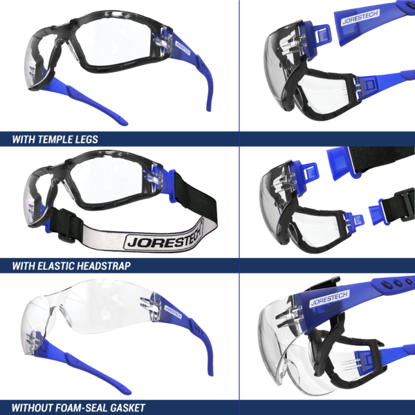 Muestra 3 formas en que estas gafas de seguridad de alto impacto JORESTECH pueden usarse: con patillas, con banda elástica para la cabeza y sin junta de sellado de espuma. Las patillas, la banda para la cabeza y la junta son desmontables.