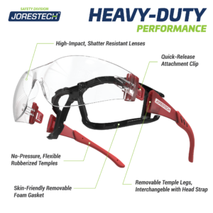Muestra las gafas de seguridad JORESTECH rojas y transparentes antivaho de alto impacto con junta de espuma desmontable y patillas. Texto destacado: Lentes de alta resistencia a impactos y a roturas, sin presión, patillas flexibles con recubrimiento de goma, junta de espuma extraíble amigable con la piel, clip de sujeción de liberación rápida, patillas desmontables, intercambiables con banda para la cabeza
