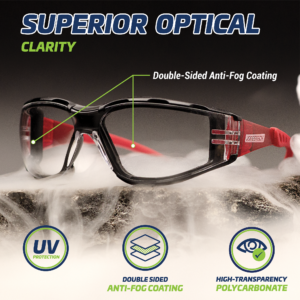 Presenta las gafas de seguridad JORESTECH en rojo y transparente sobre una roca y rodeadas de vapor de agua para mostrar que las gafas son antivaho. El texto dice: superior optical clarity, Double sided anti fog coating, UV protection logo and high transparency logo.