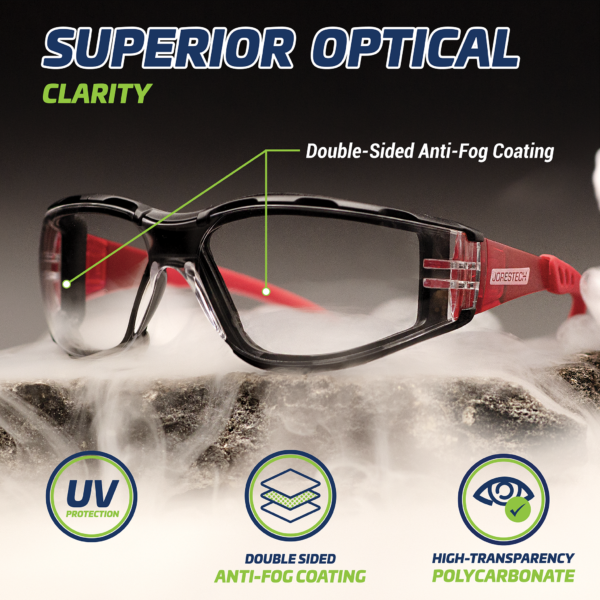 Presenta las gafas de seguridad JORESTECH en rojo y transparente sobre una roca y rodeadas de vapor de agua para mostrar que las gafas son antivaho. El texto dice: superior optical clarity, Double sided anti fog coating, UV protection logo and high transparency logo.