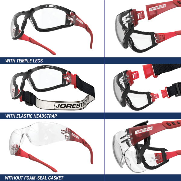 Muestra 3 formas de usar estos lentes de seguridad de alto impacto JORESTECH, que son: con patillas, con banda elástica para la cabeza, sin junta de espuma de sellado. Las patillas, la banda para la cabeza y la junta son todas removibles