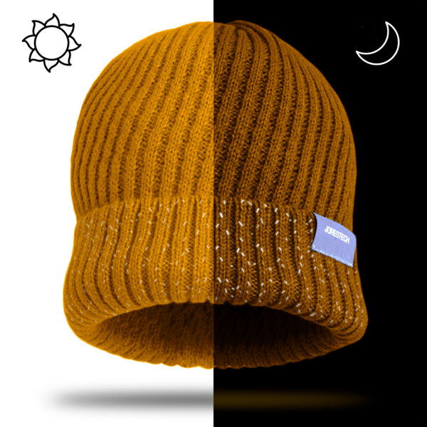 Comparación de cómo se ve la costura reflectante durante el día y la noche